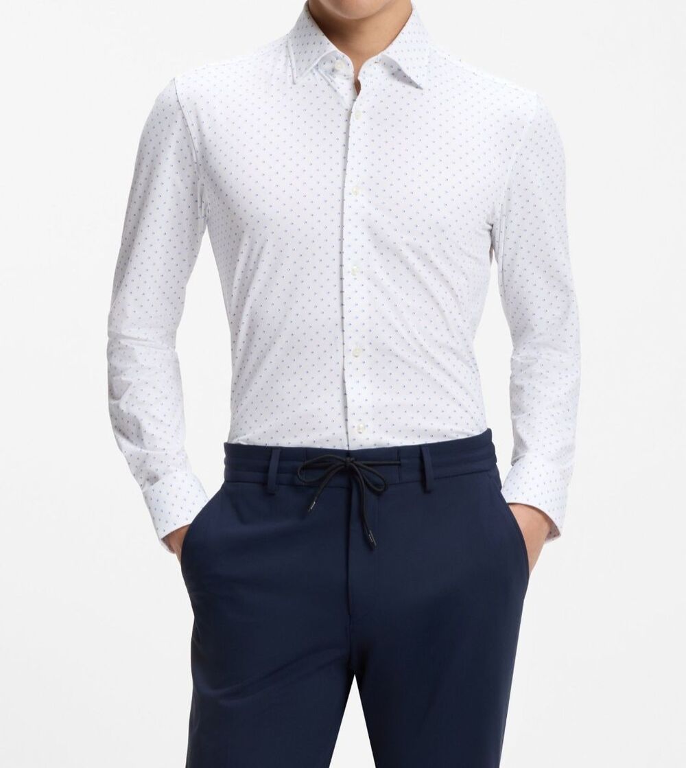 HUGO BOSS Dress Shirt Mens Sz 16.5 White Geo Performance Stretch HANK KENT $228